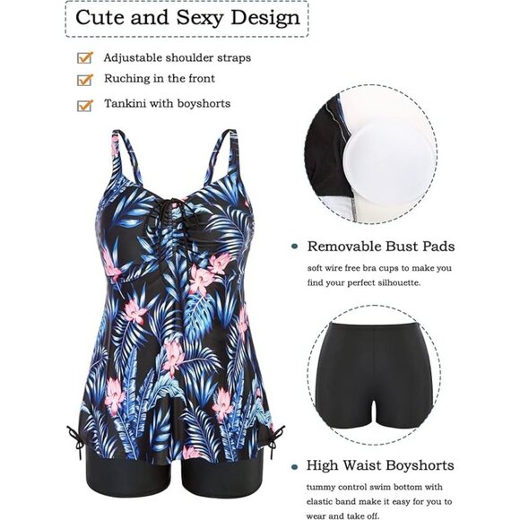 Hanna Nikole Tankini Swimsuit With Boyshorts Tropical Floral Print Plus Size 22W - Picture 4 of 12